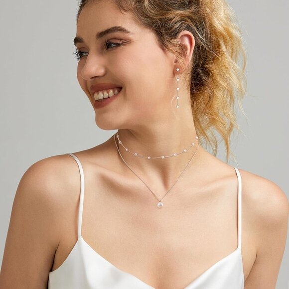 Jewelry Set-Silver Women Dainty Pearl Choker Earrings Bracelet Wedding Gift - Picture 6 of 7